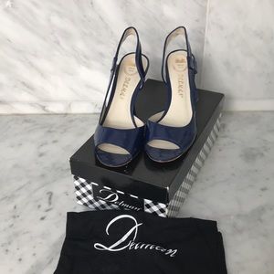 Delman blue patent leather peep toe heels